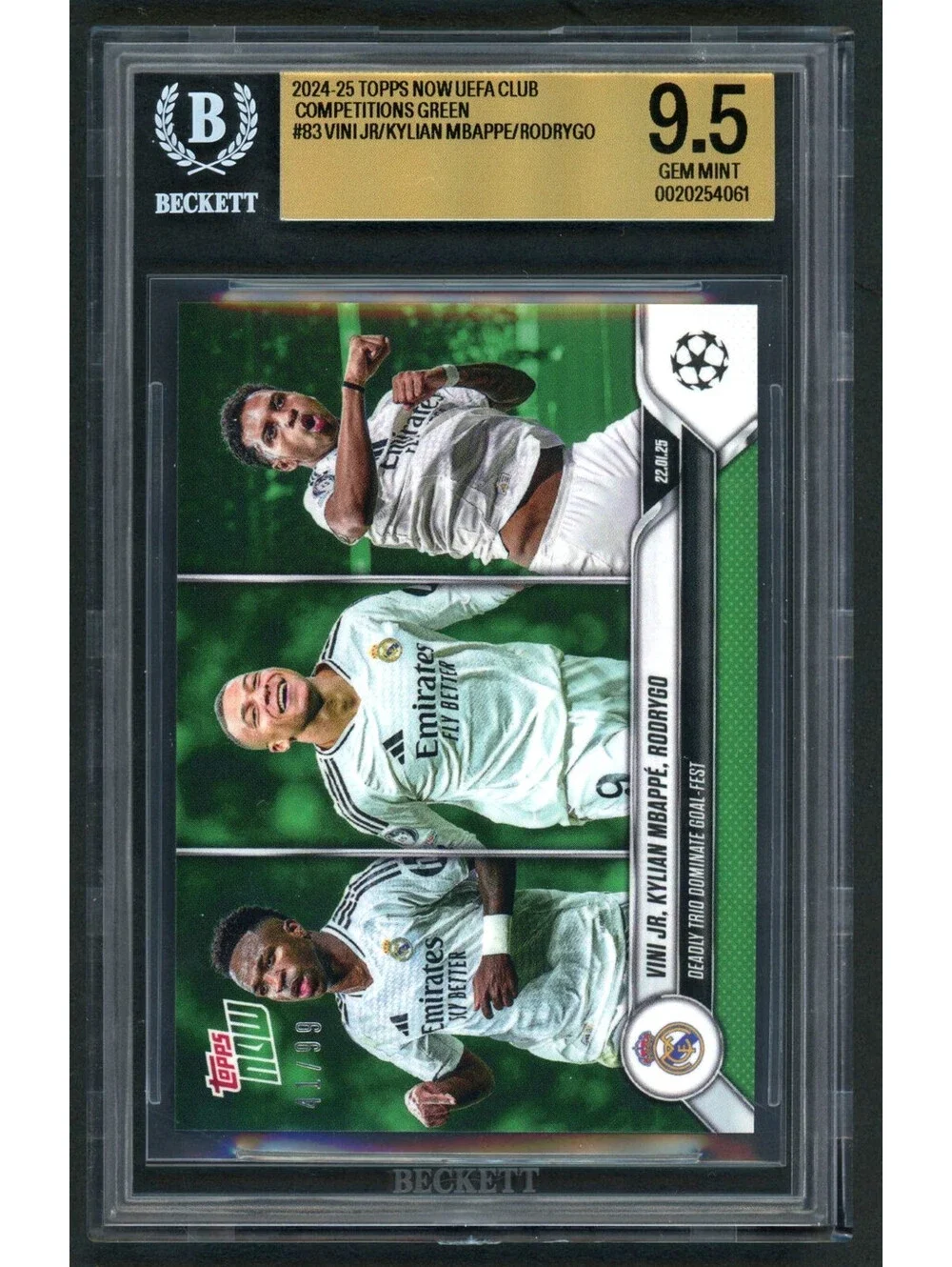 2024-25 Topps Now UCL #83  Vini Jr /Mbappe/Rodrygo  Green /99  BGS 9.5 Gem Mint